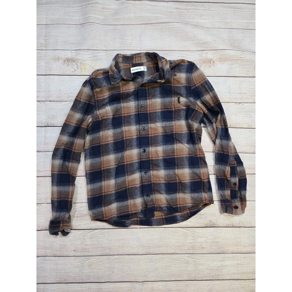 Abercrombie kid's brown and blue plaid flannel button-down shirt boys 11/12 - Picture 2 of 7
